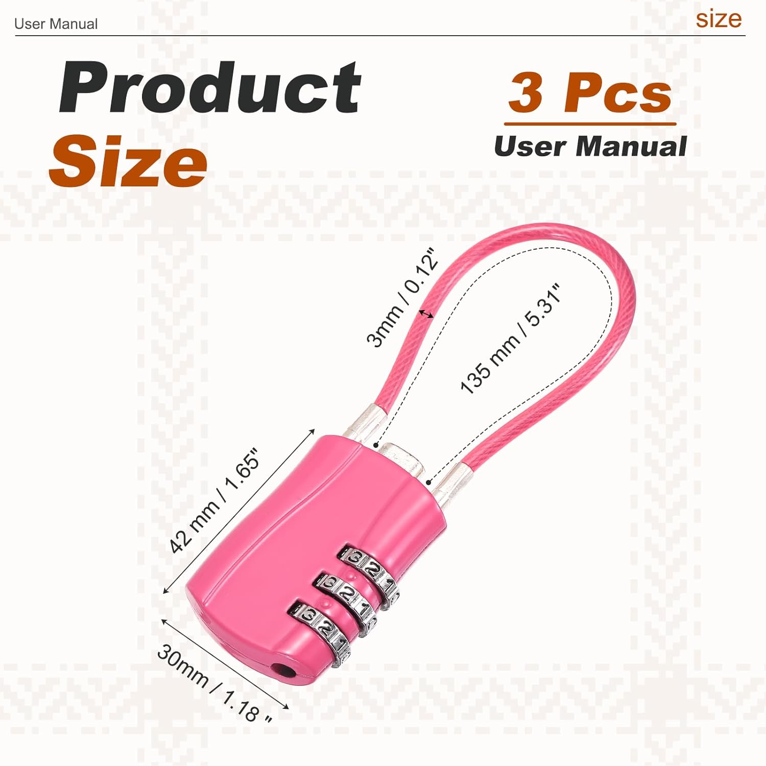 PATIKIL Combination Padlock (5.3 Inch, Rose Red) (3 Pcs), 3-Digit Combo Padlock Luggage Locks with Coated Steel Wire Rope, Suit for Gym Locker/Fence/Storage/Backpack/Toolbox/Cabinets