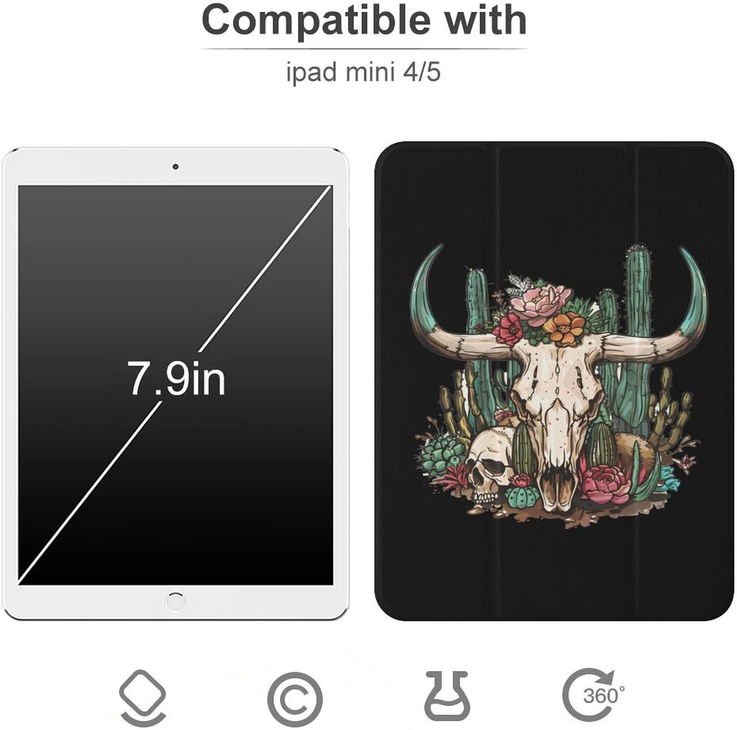 Cow Skull Cactus Cute Case Compatible for Mini4/5（7.9in） Trifold Tablet Protective Cover with Pencil Holder
