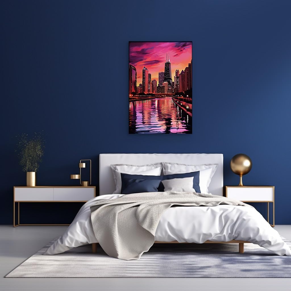Canvas for Living room. Sunset Serenade Over Chicago's Skyline Embracing Willis Tower and the Whispering River, 27 x 18 inch Canvas Wall Art - Skylines And Cityscapes - Modern Home Decor
