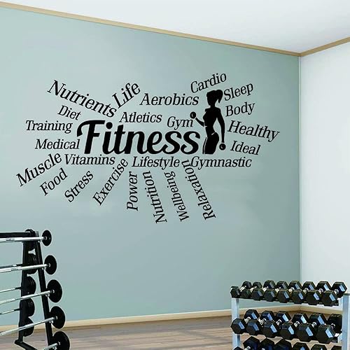 Miniatura 5 de ANFRJJI Calcomanía de pared de fitness, 18 x 33 pulgadas, calcomanía motivacional de PVC con palabras como entrenamiento, alimentos, potencia, sueño
