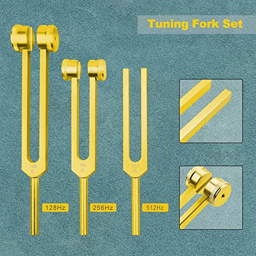 Tuning Fork Set 128Hz 256Hz 512Hz with Reflex Hammer, Gold Aluminum Alloy Tuning Forks for Sound Therapy, Meditation & Yoga, 3 PCS - Thumbnail 2