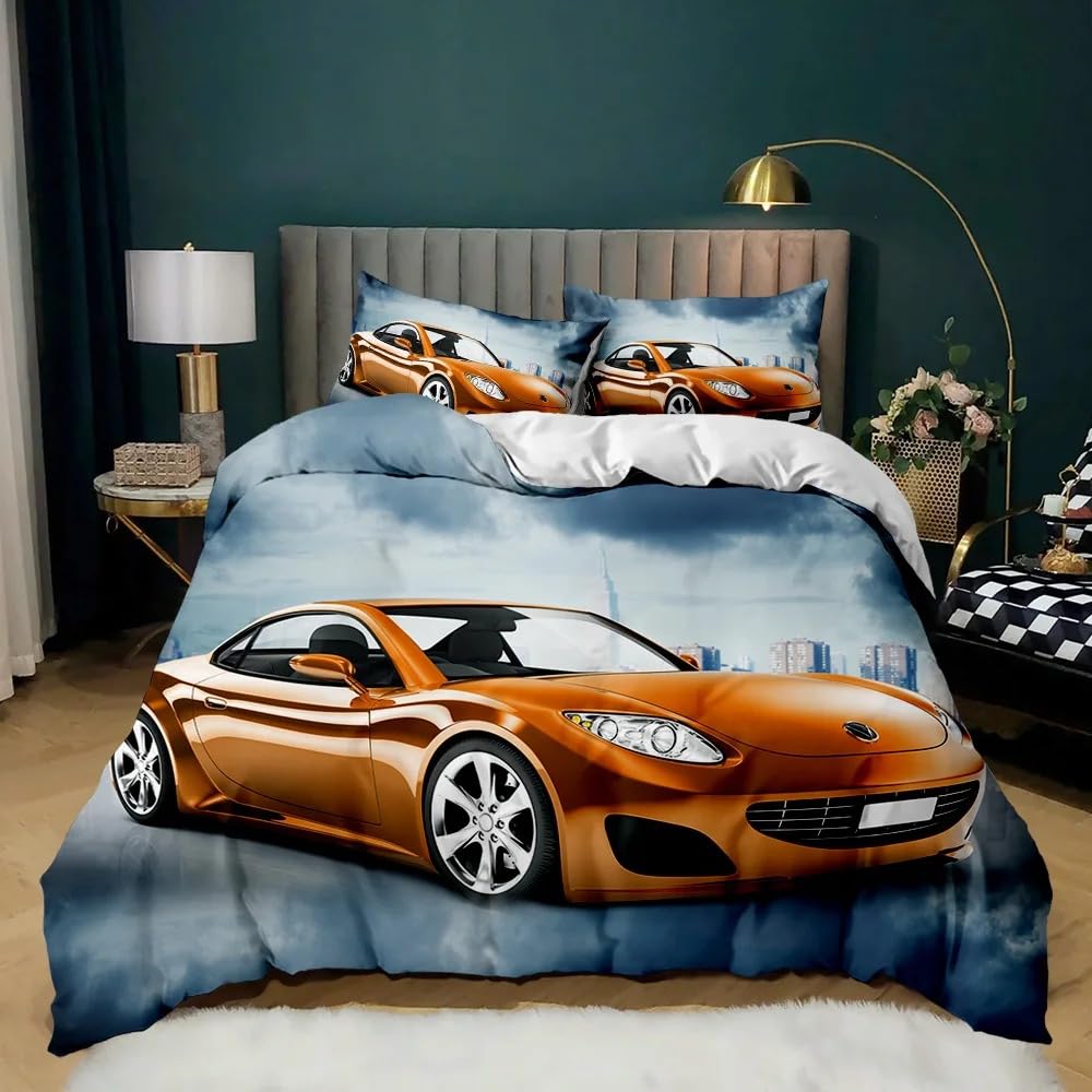 Housse de couette King Size 240x220cm avec taies d'oreiller motif voiture de sport 3D en microfibre