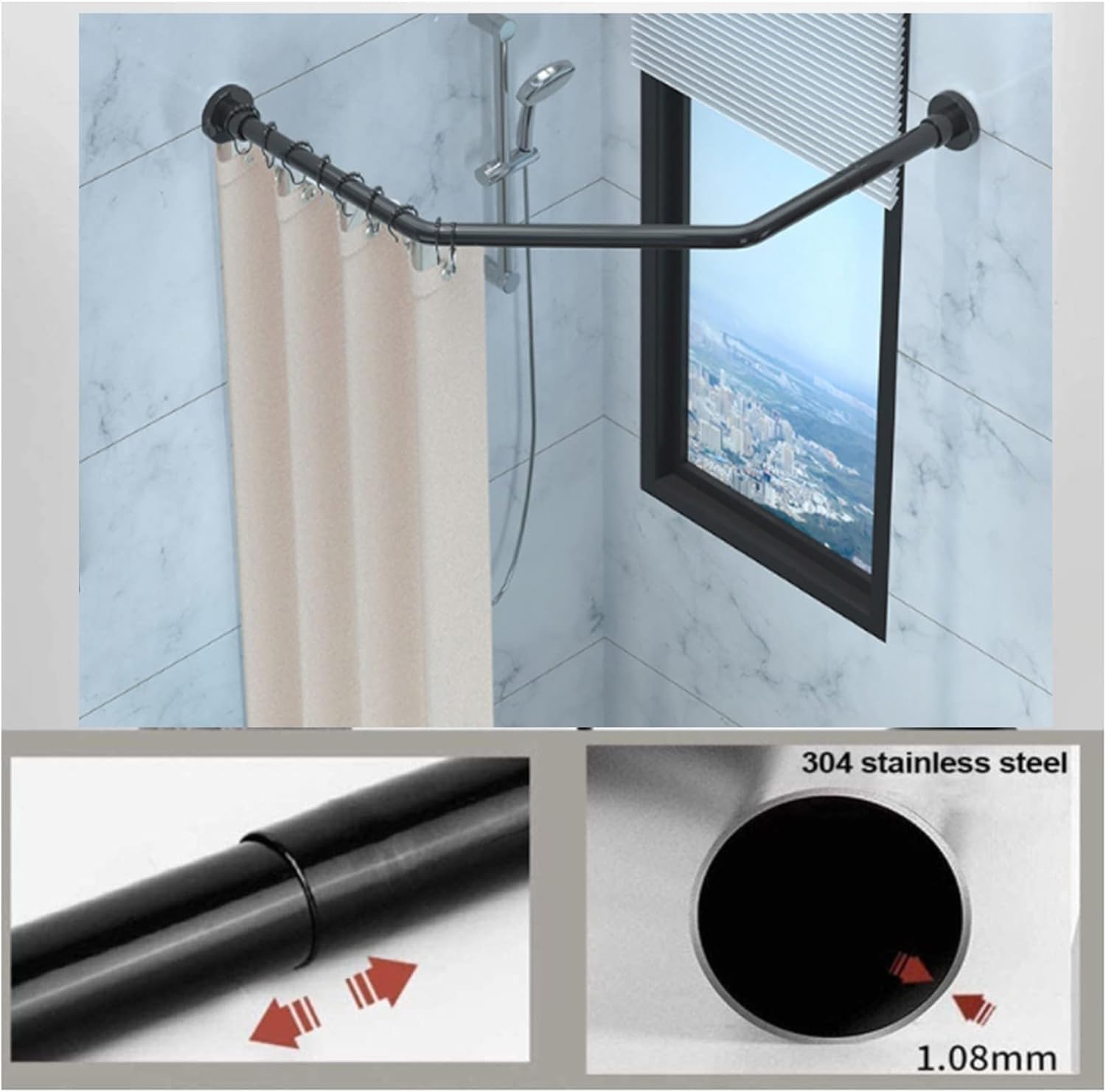 Shower Curtain Rod Rack, Black Curved Shower Curtain Rod Tension No Drill, Diamond Shaped Corner Shower Curtain Rod 304 Stainless Steel for Bathroom Bathtub, Clothing Store,Private Space