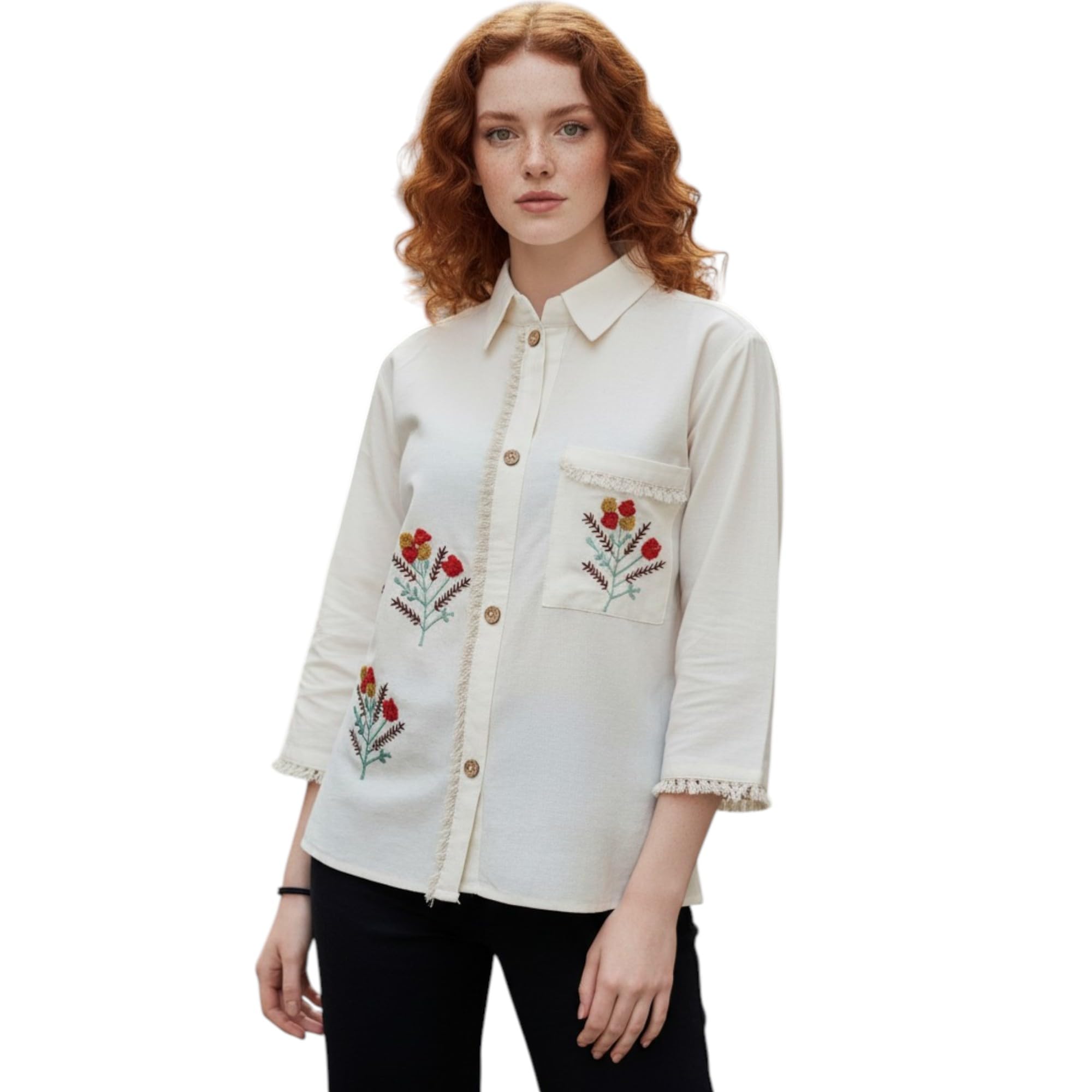 rieka Women's Cream Cotton Embroidered Shirt with Floral Motif, Spread Collar, Button Down, Front Pocket, Relaxed Fit, Three Quarter Sleeves, Casual Wear (RS-TOP-59)-picture-14