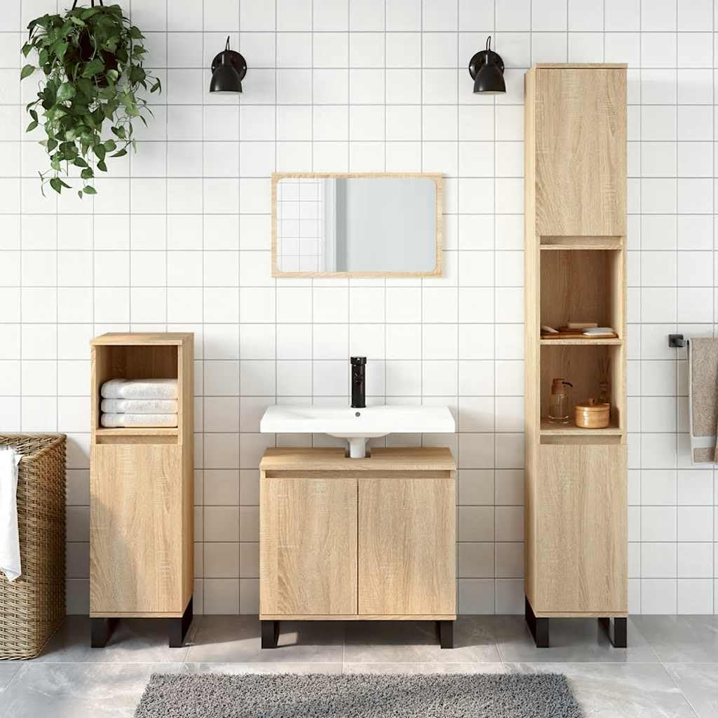 Szafka łazienkowa Sonoma dąb z materiału drewnopochodnego i żelaza, 58 x 33 x 60 cm, 1 półka z 2 drzwiami, dużo miejsca do przechowywania mebli łazienkowych i mebli łazienkowych w toalecie
