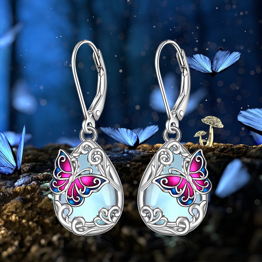 Butterfly Earrings for Women Moonstone Earrings Dangle Filigree Drop Earrings Sterling Silver Blue Purple Butterfly Moonstone Jewelry Mother Day Christmas Gift - Image 5