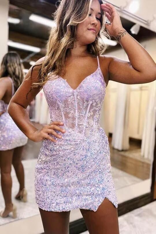 Lace Applique Short Homecoming Dresses for Teens Sparkly Sequin Prom Dress Corset Tight Cocktail Party Gown3