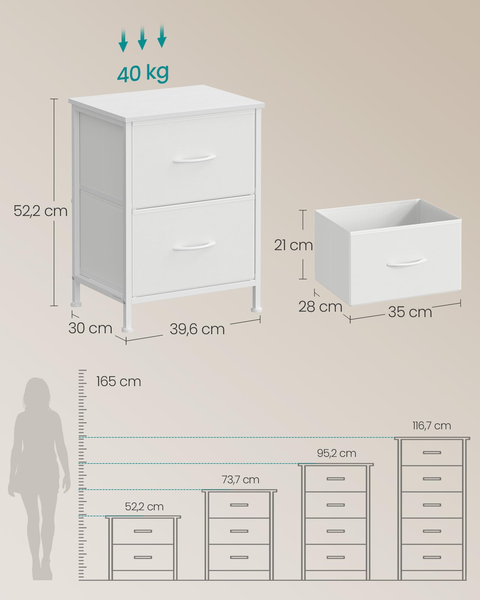 SONGMICS Comodino con 2 Cassetti in Tessuto non Tessuto, Acciaio, MDF, per Camera da Letto, Tavolino, Bianco Nuvola e Bianco Neve LGS312WH01