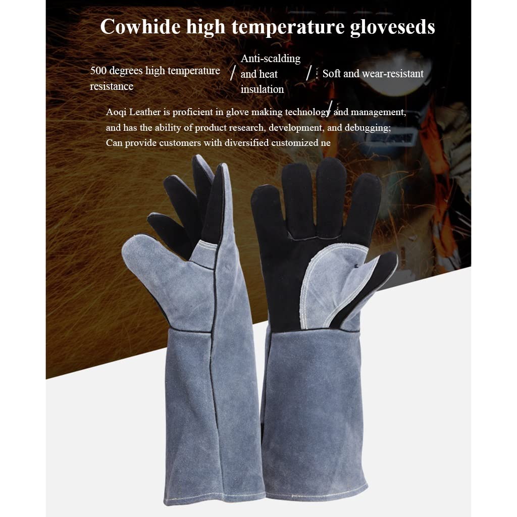 Schweißerhandschuh aus Rindsleder Hitzebeständig Dauerhaft Widerstandsfähiges Leder Handschuhe Schmieden Langarm für BBQ-Küchenofen,Camping, Grillofen Kochen (Color : Black)