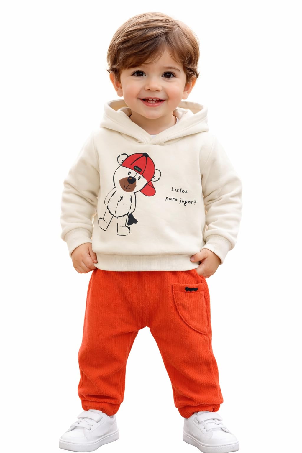 Erkek Bebek Kapüşonlu Eşofman Takımı – Ayıcık Baskılı Sweatshirt & Kadife Pantolon – Yumuşak Pamuklu, Günlük ve Rahat Kullanım (1, Krem ve turuncu)