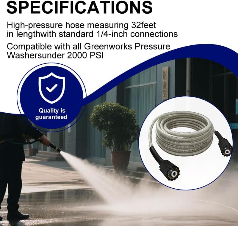 32-Foot High-Pressure Washer Hose, 1/4-Inch Quick Connect, Replacement for Greenworks 5200402, Compatible with All High-Pressure Washers Up to 2000 PSI