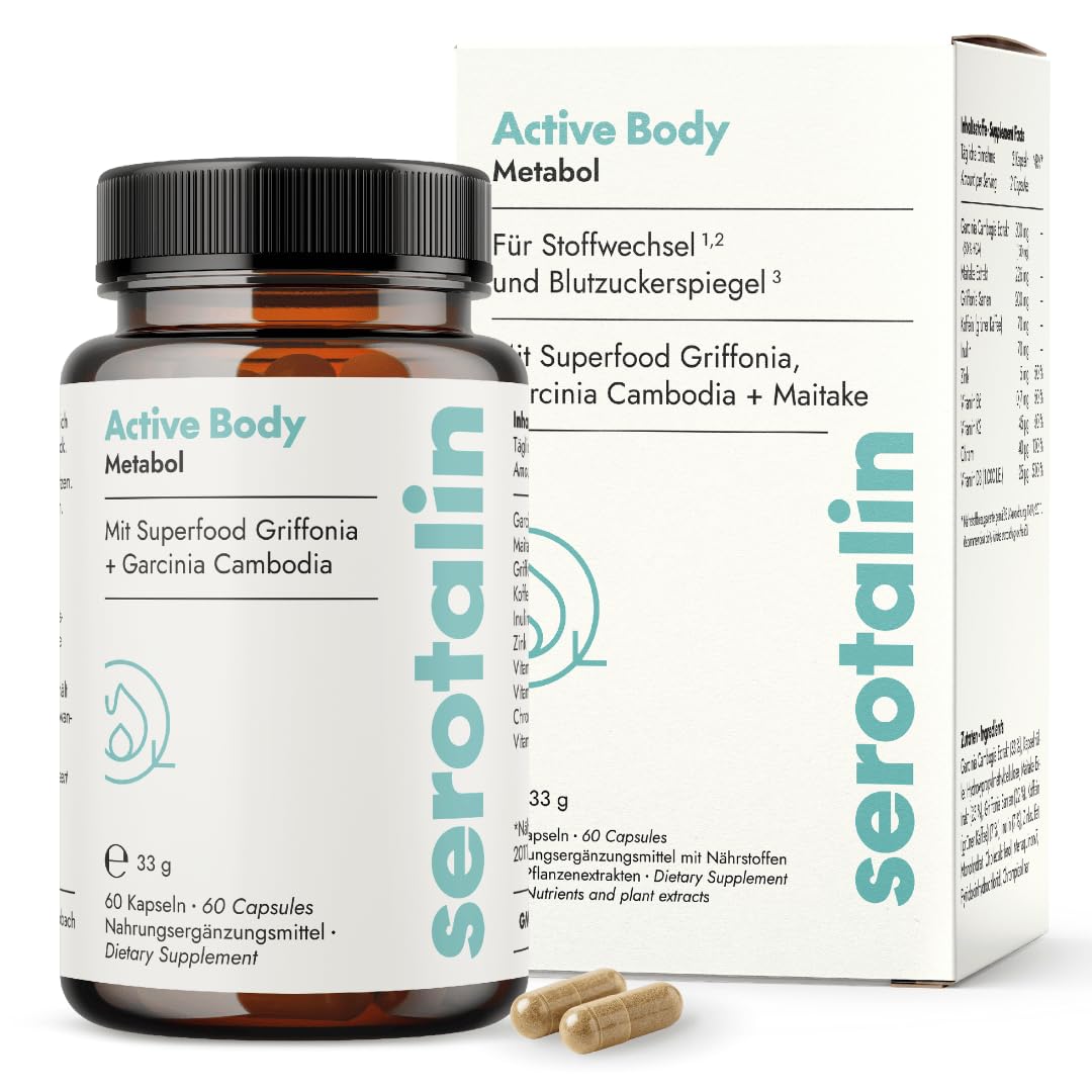 serotalin Active Body Metabol für den Stoffwechsel* | Garcinia Cambogia mit Zink, Chrom, Koffein, Vitamin B6, D3, K2 & Griffonia | 60 vegane Kapseln