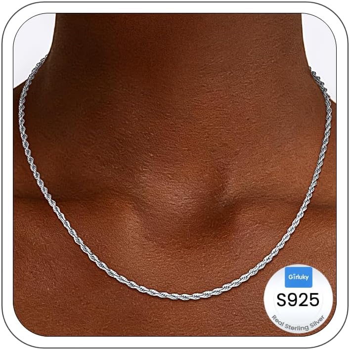 2mm Rope Chain 925 Sterling Silver Chain Necklace for Women, 14K Gold Plated Chains for Women Durable Women's Chains Necklace, 16 18 20 22 24 26 Inch