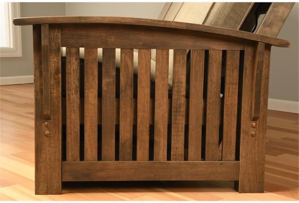 MAKLAINE Queen-Size Wood Futon Frame, Rustic Walnut Brown Finish, Solid Hardwood Construction, Mission Style Arms, Converts to Bed, Sofa Height Seating, Multifunctional Furniture for Living Room or