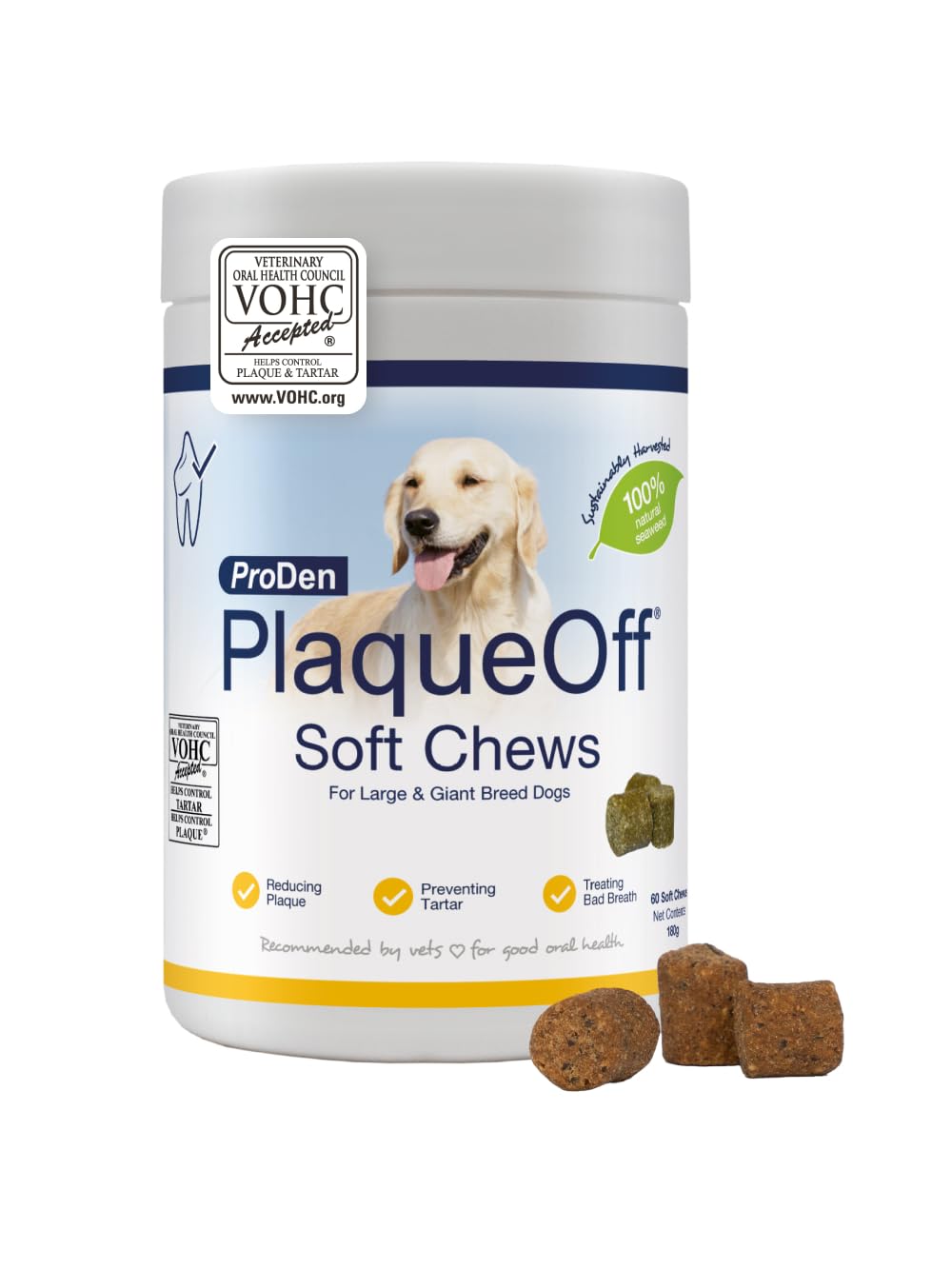ProDen PlaqueOff Soft Chews für Zahnpflege Hund, Dose mit 60 Hunde Leckerlis, Natürliche Zahnreinigung Hund, für große Hunde, Hunde Zahnpflege für frischen Atem und Zahnbelag entfernen