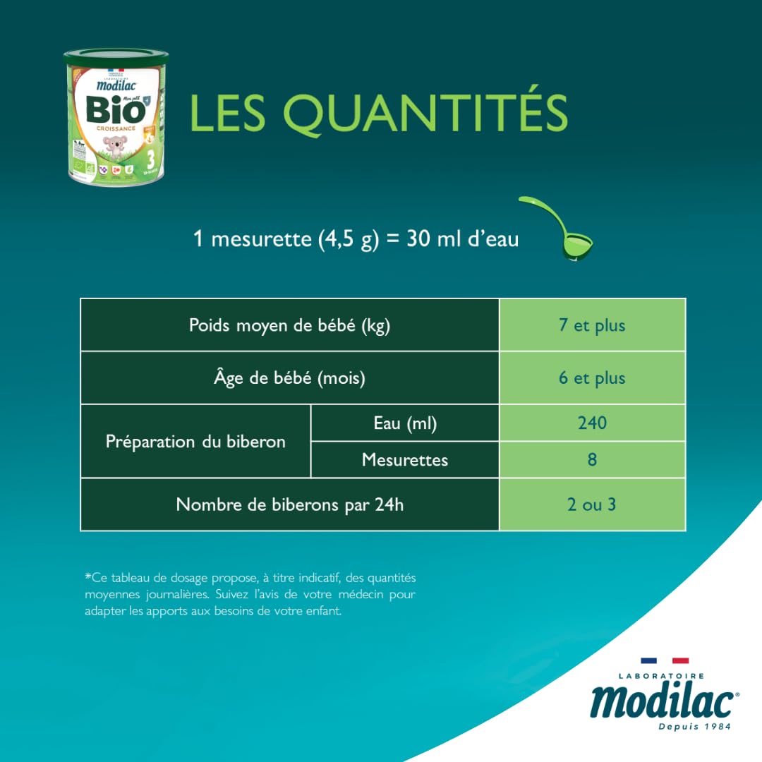 Modilac Latte in polvere per bambini Bio+ Crescita - Latte francese ricco di acidi grassi essenziali, certificato AB, prodotto in Francia senza olio di palma - 12-36 mesi - 800 g