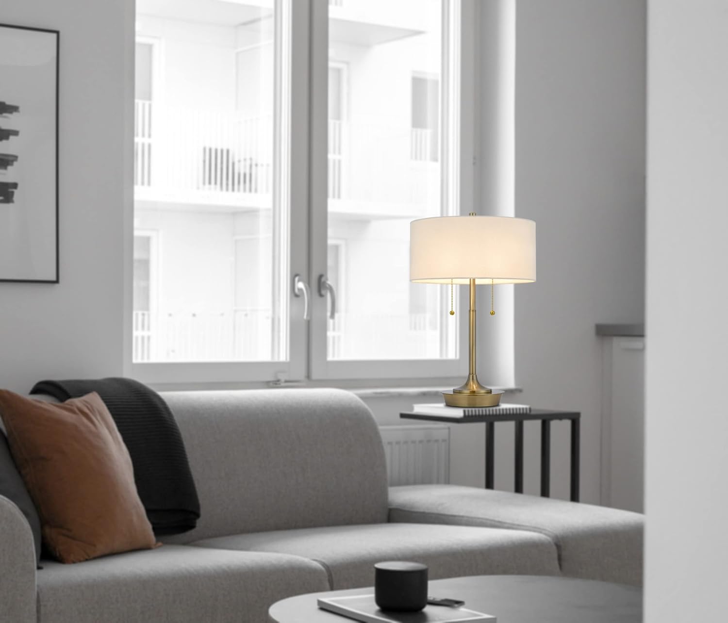 Cal Lighting BO-3028TB Kendal Metal Table Lamp with Pull Chain Switch, Drum Fabric Shade