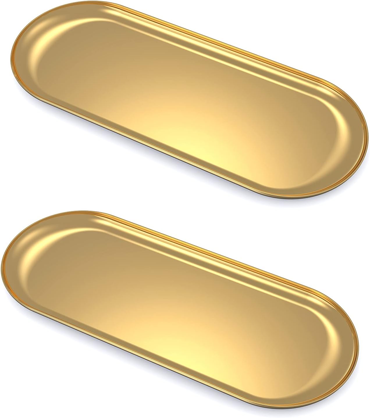 Lolalet 2 Pack Stainless Steel Towel Tray Storage for Candles, 9" Bathroom Soap Dish Tea Plate, Gold Metal Dresser Trays for Vanity Jewelry Cosmetics Watch Perfume Key -Oval/Medium