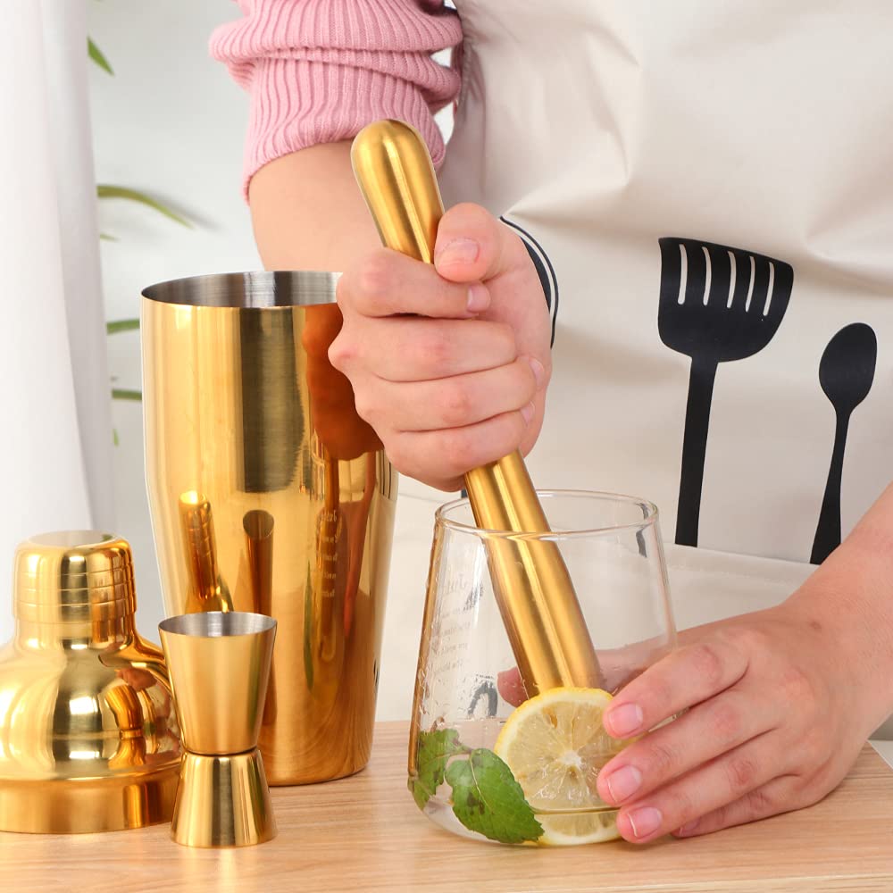 Buyer Star Juego de barra de coctelera, 25 onzas de oro Martini coctelera, coctelera de jugo, bebida de enfriamiento rápido, juego de herramientas de 8 piezas de bartender