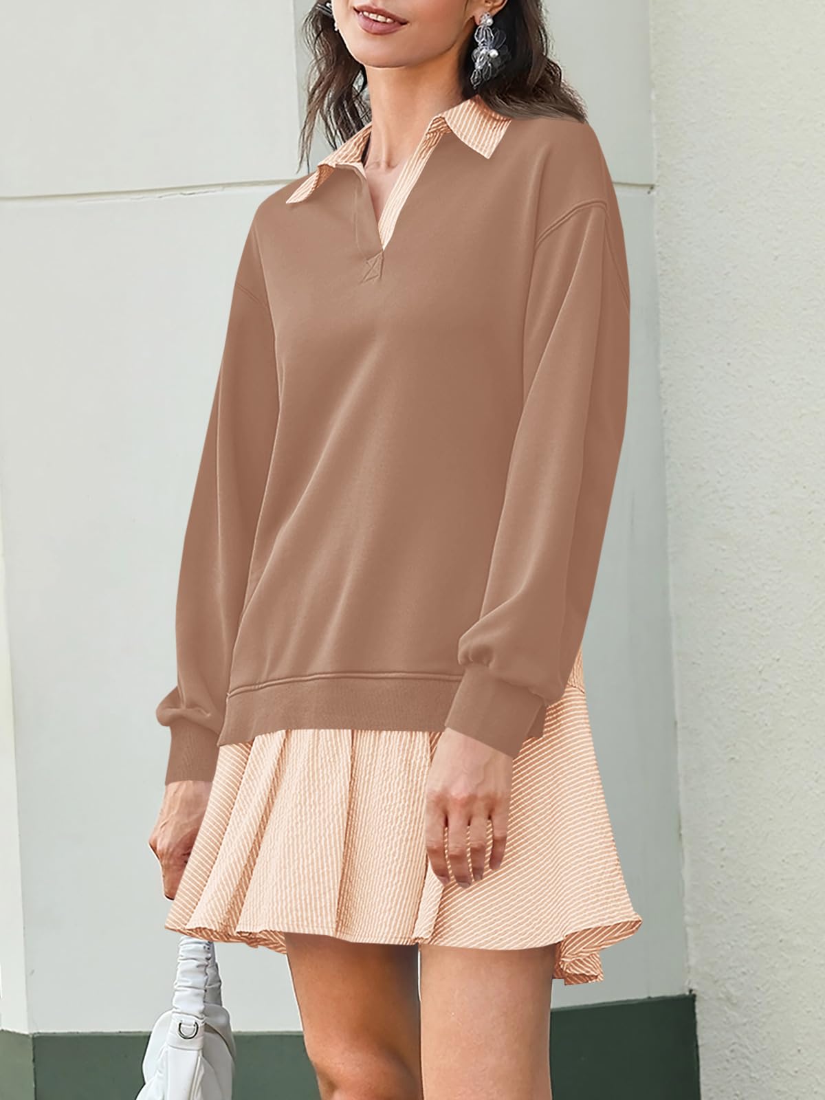 Wenrine Abito da donna oversize casual a maniche lunghe con colletto a V patchwork mini abiti larghi