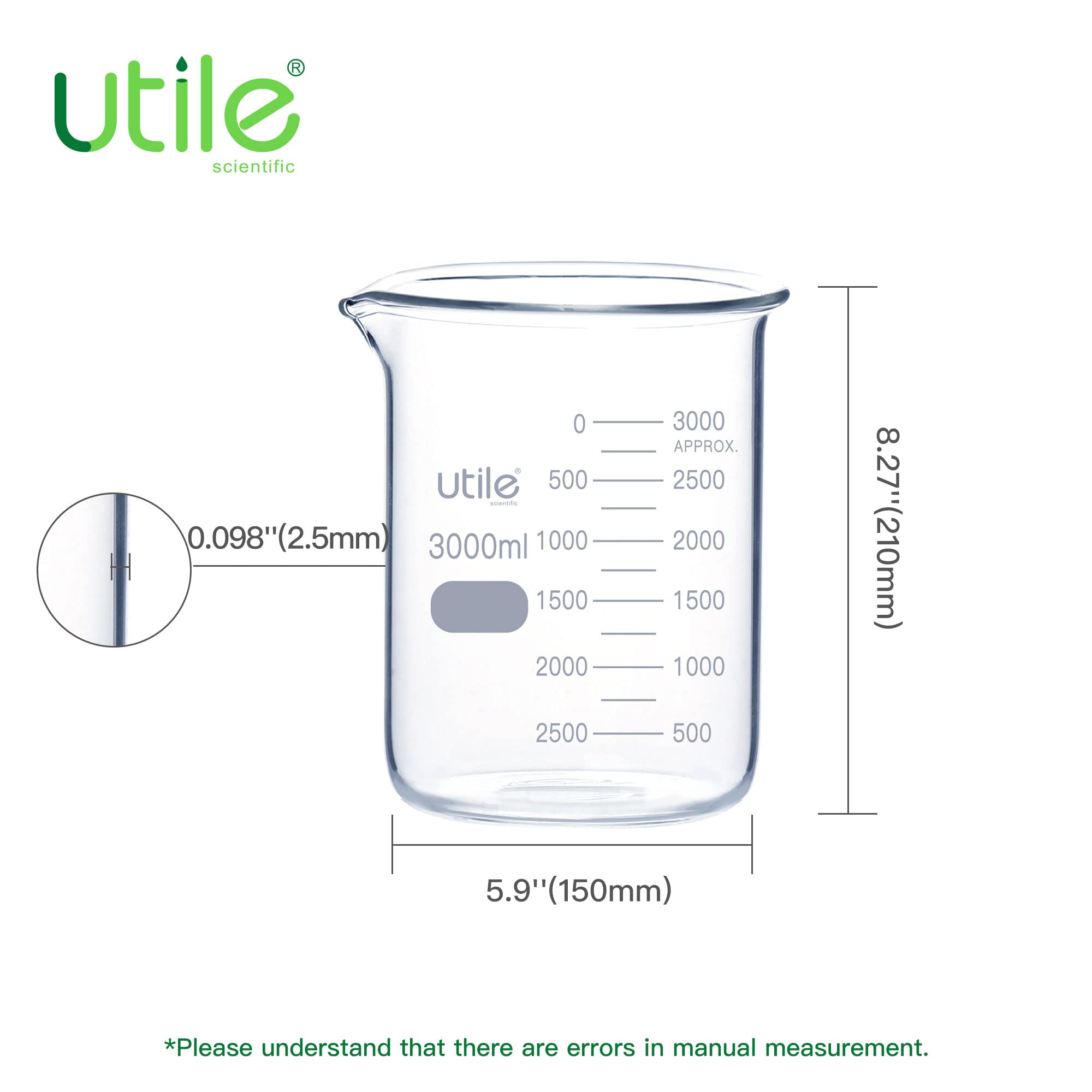 Utile Becher in vetro a bassa forma da 3000 ml, vetro borosilicato 3,3 con graduazione stampata, 4000.3000.1