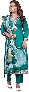 Naixa Women's Chanderi Viscose Embroidered Straight Kurta with Pant and Dupatta Sets (NX-S-Rakhi)
