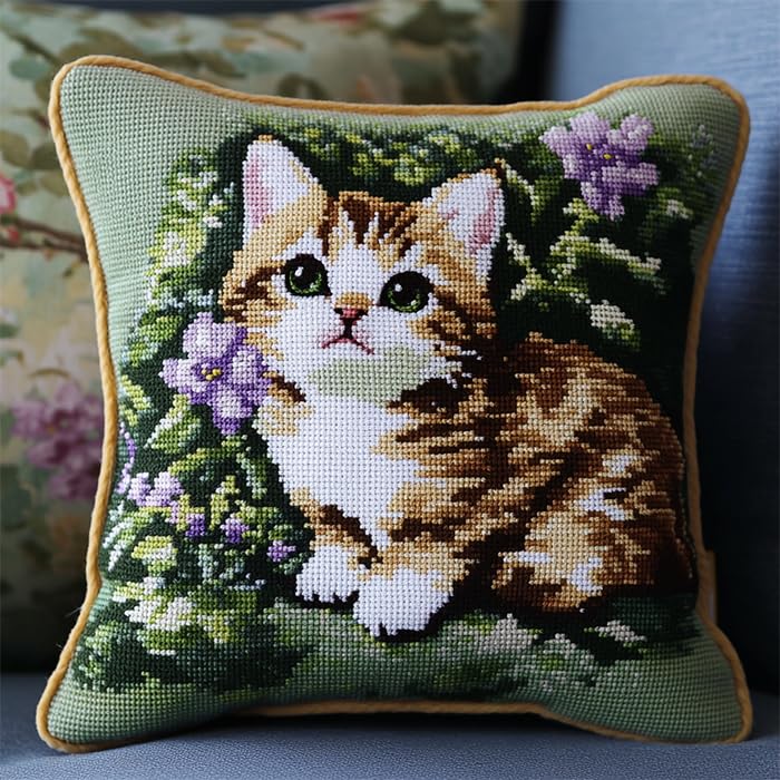Amazon.co.jp: 動物クロスステッチクッションキット,花猫,DIY刺繍
