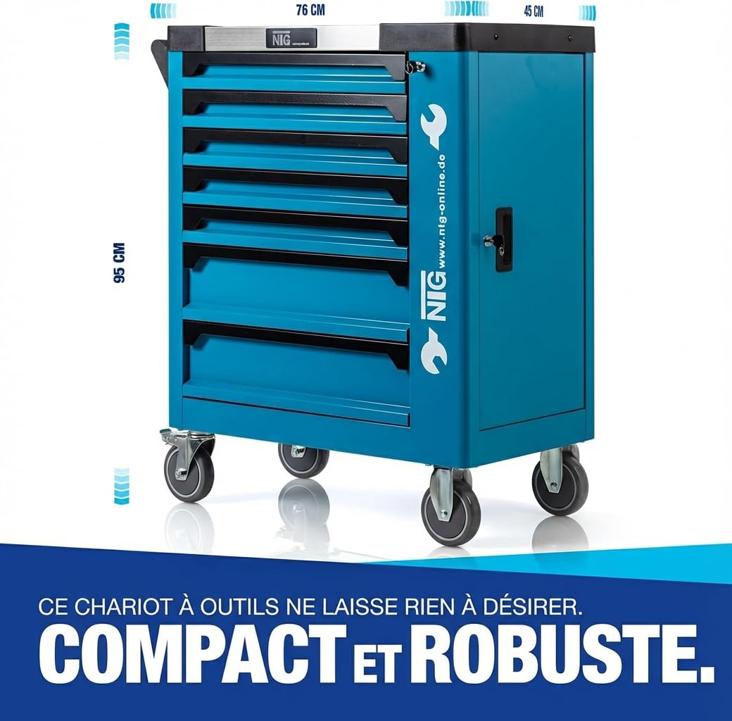 NTG Chariot à outils + outils + 7 tiroirs, 252 pièces, verrouillable, dont 6 avec outils, avec inserts souples en aspect carbone, tiroirs remplis, servante d'atelier, boîte à outils