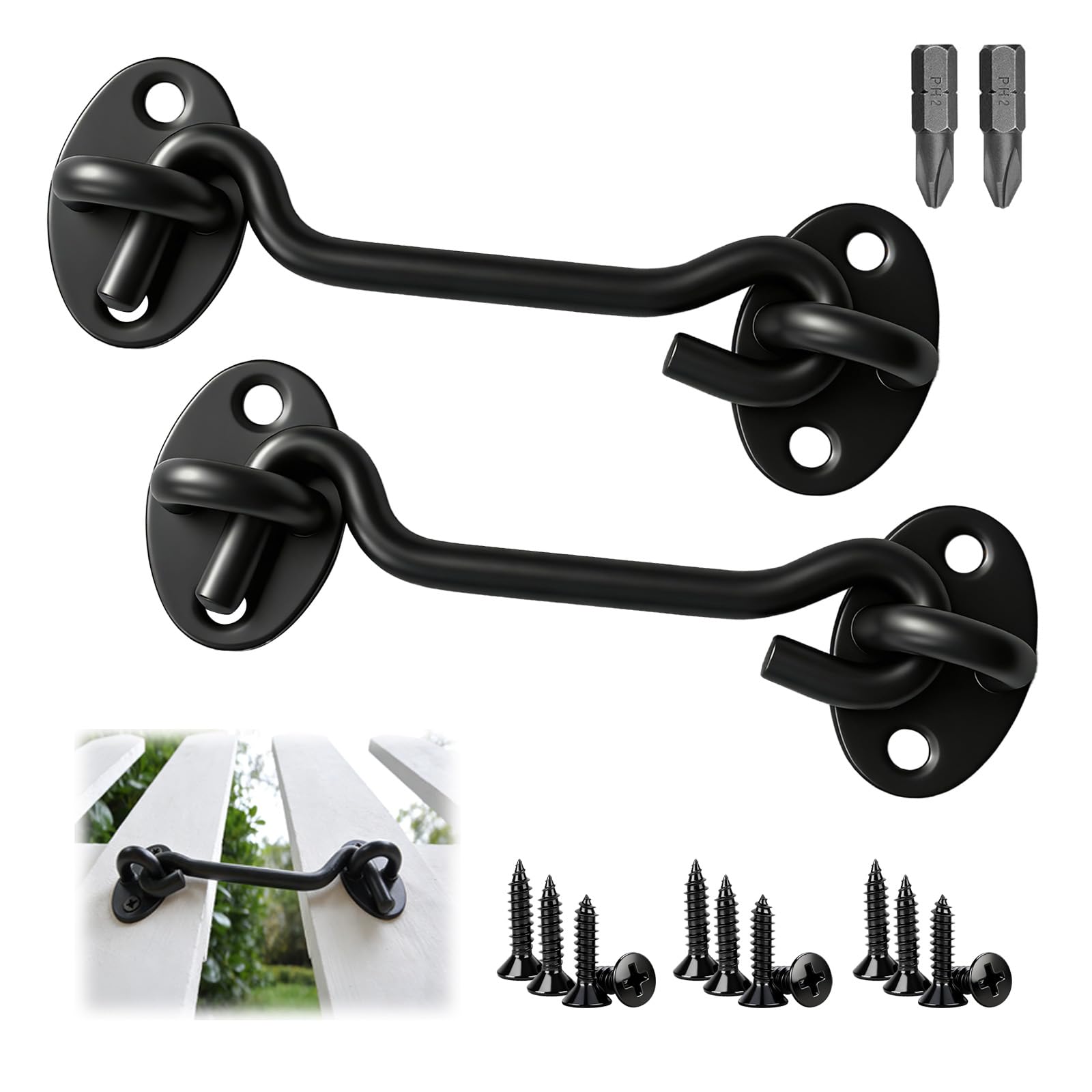 PDKKFF 4 Inch Hook and Eye Latch, 2 Pcs 100mm Black Gate Hook Stainless Steel Cabin Hooks, Door Lock Hooks with Mounting Screws for Window Brace Gate Door Catch, Wooden Gates, Garden Shed