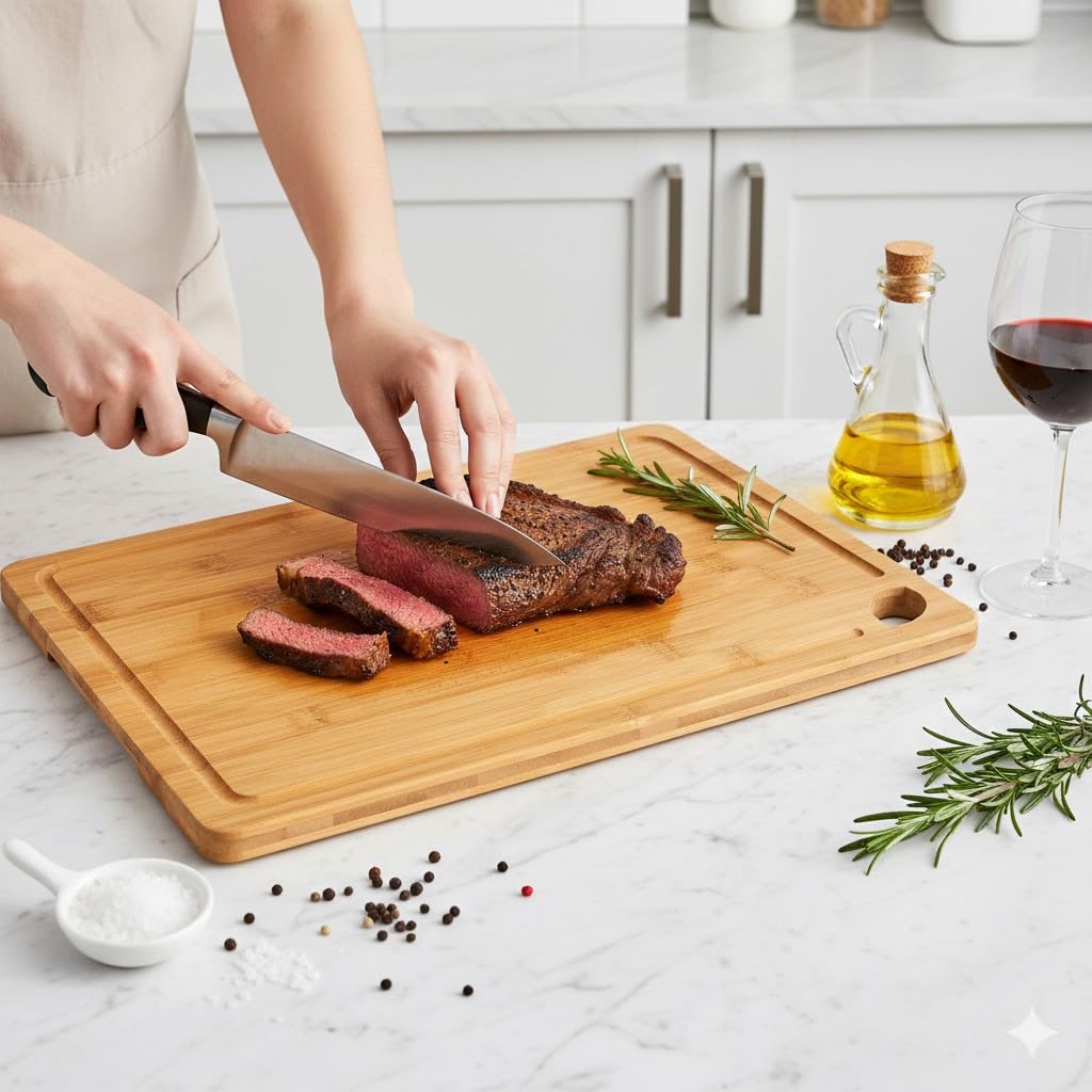 Tabla de cortar de bambú para cocina, 3 paquetes de tablas de cortar grandes con ranuras para jugo y soporte, juego de tablas de cortar de cocina con soporte, tabla de cortar de bambú para carne
