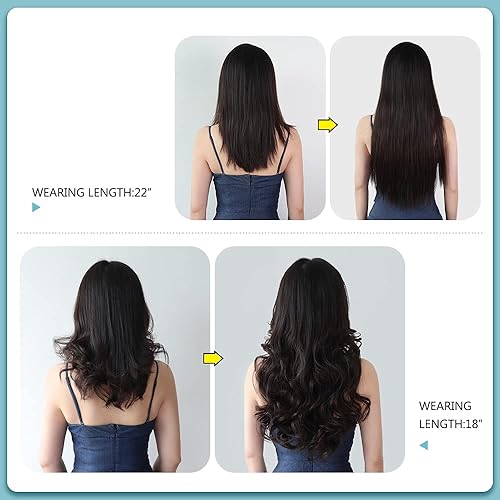 Miniatura 8 de Juego de 2 extensiones de cabello con clip, color negro azabache, largo, lacio, de 22 pulgadas, 5 piezas de cabello sintético grueso, cabeza
