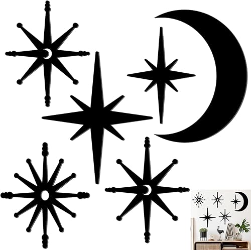 Miniatura 15 de 4 piezas de decoración de pared de estrella de hierro fundido de estilo moderno de mediados de siglo, arte de metal negro en forma de estrella,