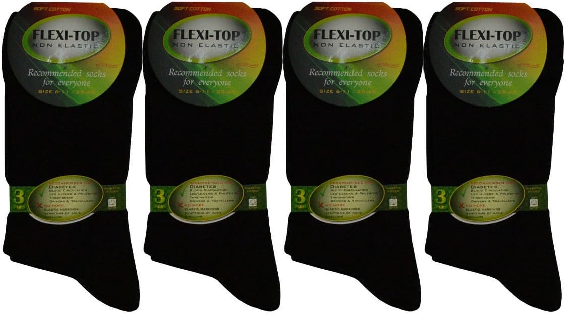6 Pairs of Diabetic Socks - Cotton Rich Non Elastic with Flexi Top in Black