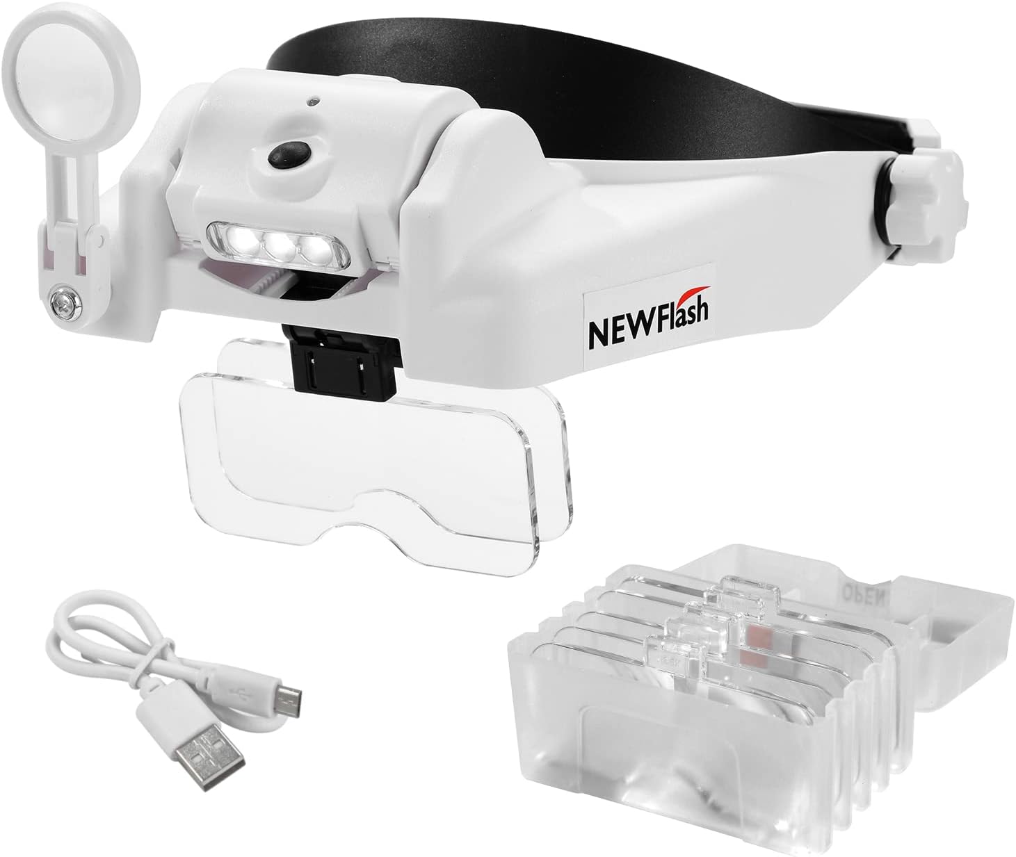 NEW FLASH Lupa na głowę ze światłem LED ładowana przez USB zestaw głośnomówiący do montażu na głowie lupa z 6 odłączanymi soczewkami do pracy w bliskim czasie do czytania biżuterii rękodzieła elektroniczna naprawa 406202