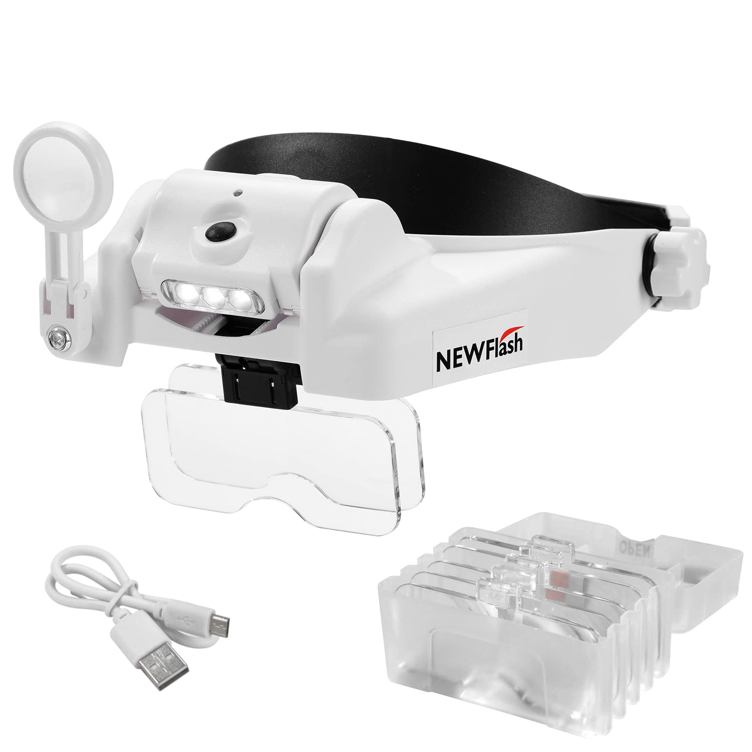 NEW FLASH Lupa na głowę ze światłem LED, ładowana przez USB, zestaw głośnomówiący do montażu na głowie, lupa z 6 odłączanymi soczewkami do pracy w bliskim czasie do czytania biżuterii, rękodzieła, elektroniczna naprawa 406202
