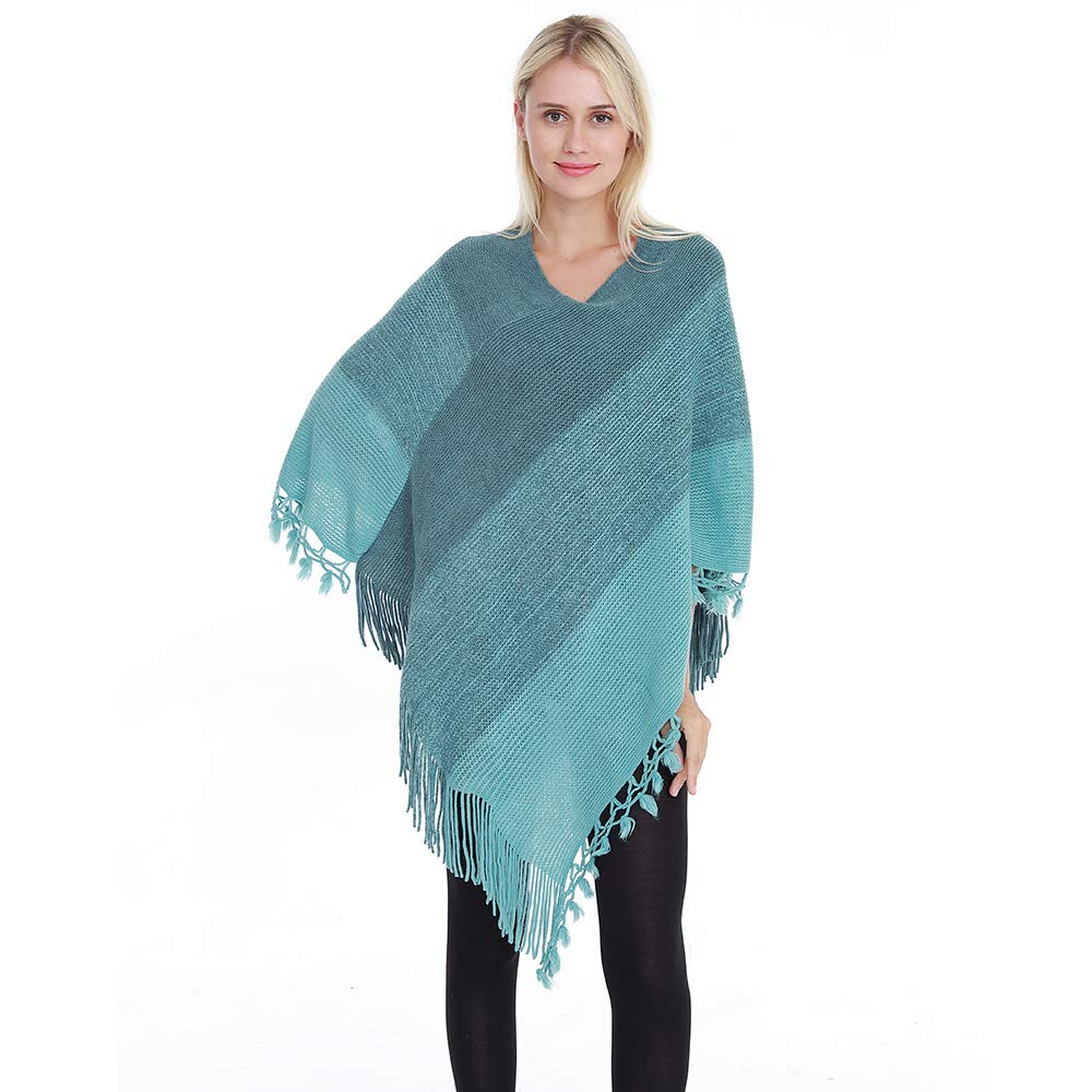 Sefilko Women's Blue Knitted Stripe Patterns Shawl Poncho Fringed Cape Oversized Loose Sweater (Blue)