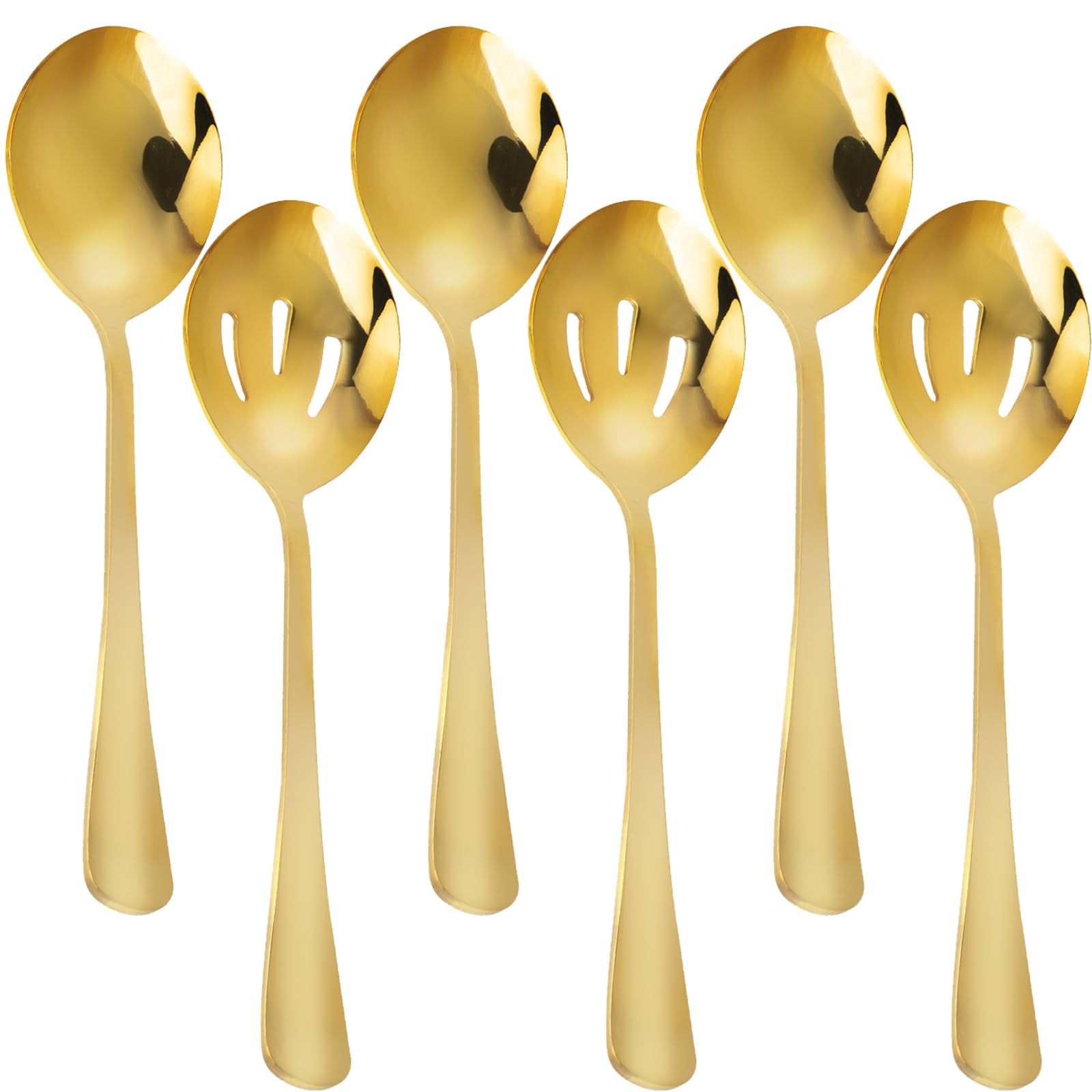 6 Pieces Golden Serving Spoons Set 8.7 Inch, Includes 3 Serving Spoon and 3 Slotted Spoon, Stainless Steel Buffet Banquet Spoons Large