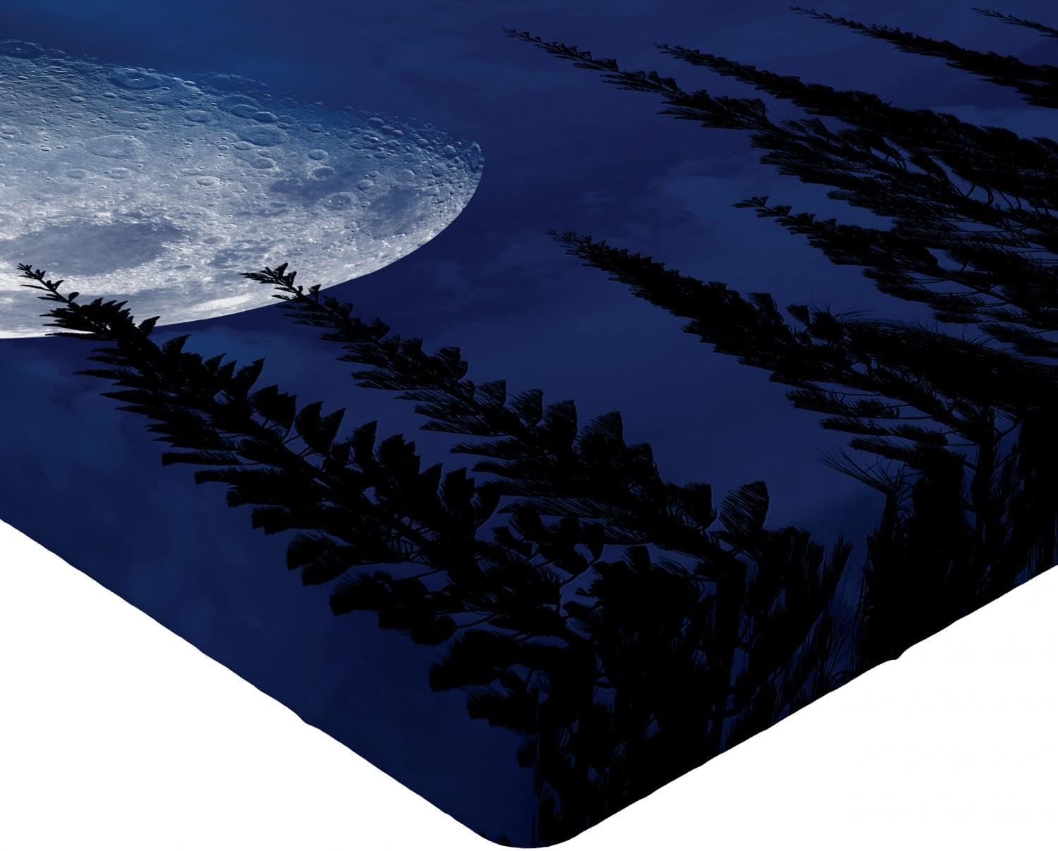 Ambesonne Half Moon Fitted Sheet, Mystery Night Over Forest Silhouette, Bed Cover with All-Round Elastic Deep Pocket for Comfort, Full Size, Night Blue