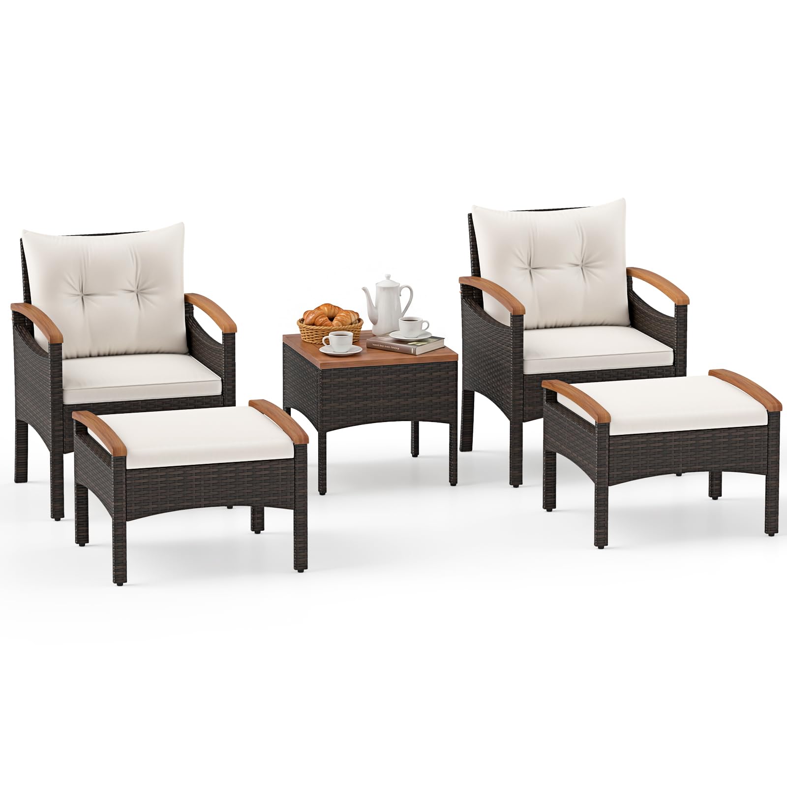 COSTWAY 5-delige balkonmeubelset, tuinmeubelen van PE-polyrotan, balkonset incl. 2 stoelen met kussens, kruk en tafel, terrasmeubels, tuinset, zitgroep voor tuin, balkon, terras