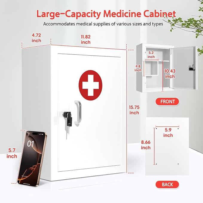 Botiquín metálico con cerradura y montaje en pared blanco miniatura 2