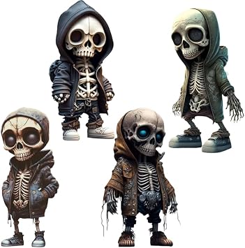 4pcs Mini Skeleton Figurines Halloween Small Skulls Action Figure | Skull gnome ornament, resin material, 15cm height, black gray design, desk shelf display, collectible gift, unique dwarf prop
