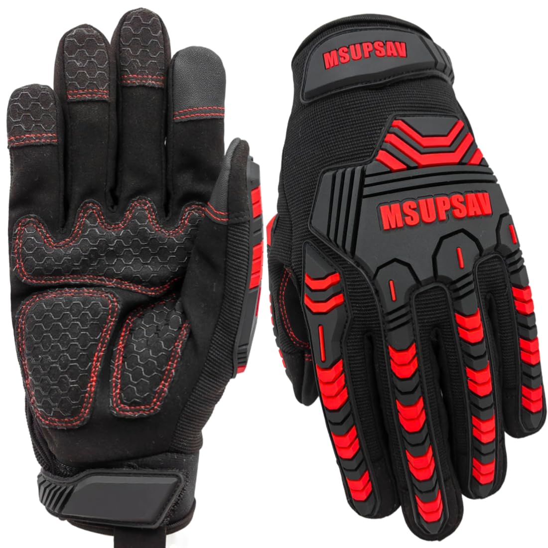MSUPSAV Work Gloves with Secure Fit,Working Glove with Impact Protection and Vibration Absorption,Safety for Men,Extra Large,Red+Black