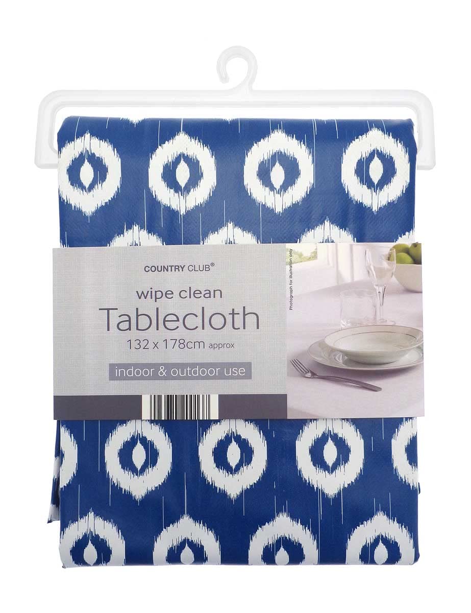 Country Club Ikat - Blue Awesomely Useful And Essential Wipe Clean Tablecloths - 132Cm X 178Cm - 15+ Designs To Choose From - Indoor & Outdoor Use - Easy Clean (Ikat - Blue)