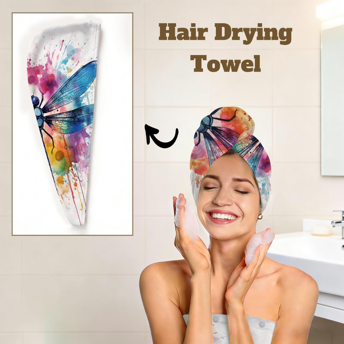 Mikrofaser-Duschtuch für Damen, mit Haar-Handtuch, Aquarell-Libelle, Tierdruck, weiche Körperwickel, Kleid mit Haartrocknungskappe für Strand, Pool, Spa, 2 Sets