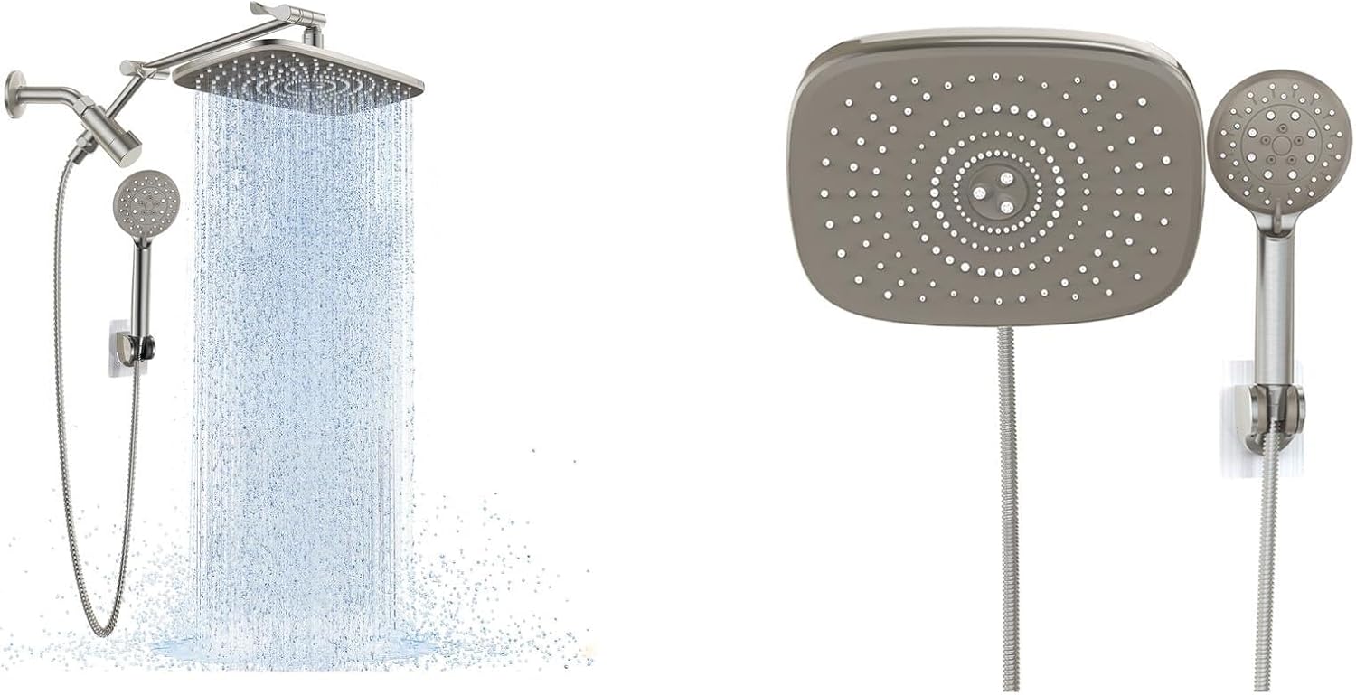 Veken 11.8" Rain Shower Head with Handheld with Arm (Brushed Nickel) and Veken 10" Rain Shower Head with Handheld (Brushed Nickel)
