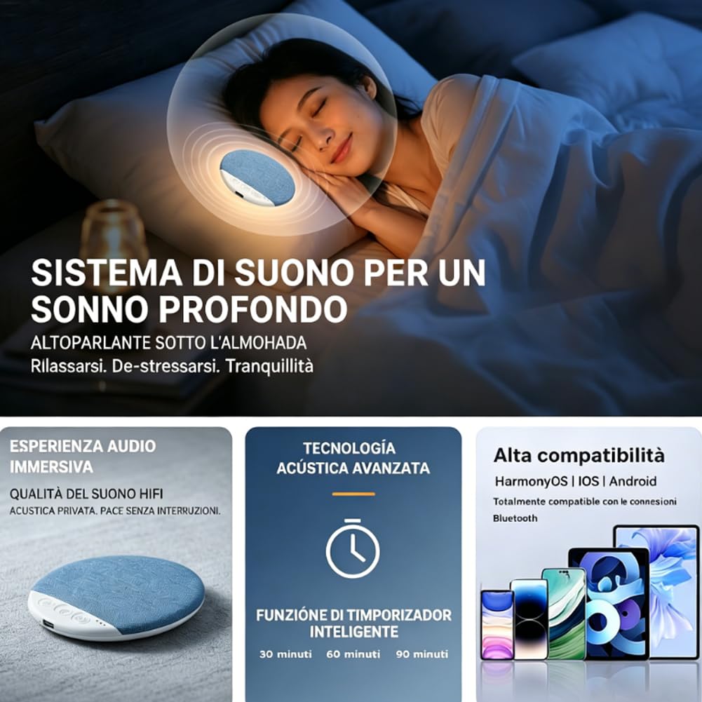 Altoparlante Sotto Cuscino Ultrasottile – Mini Wireless Ricaricabile USB, Per Dormire Con Suoni Rilassanti, 20h Di Batteria