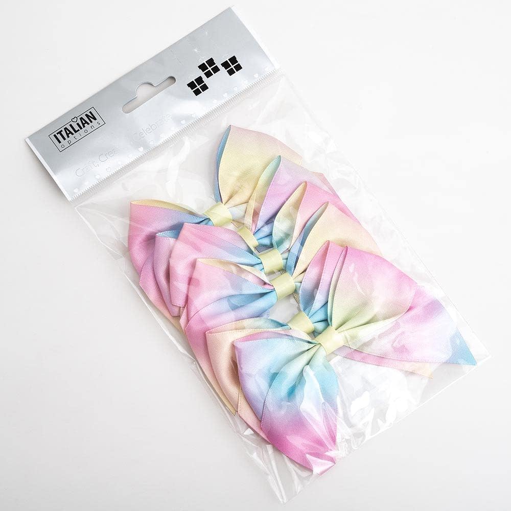 Italian Options Large Satin Ribbon Bows Self Adhesive 6-Piece Pack, 10 cm Bow Width, Pastel Rainbow