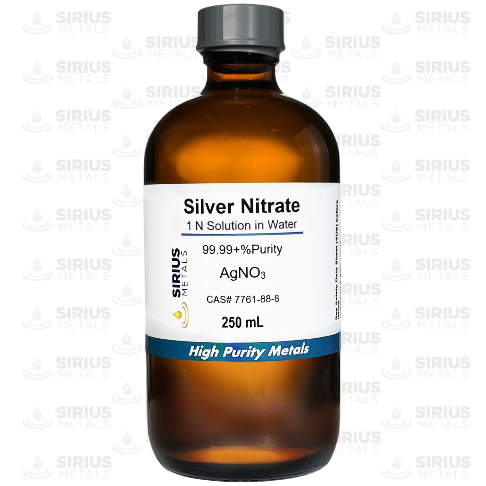 Silver Nitrate Solution (CAS# 7761-88-8) - 1 Normal (1N) AgNO3 Solution in Water - 99.99+% Purity: 250 mL in Amber Glass Bottle