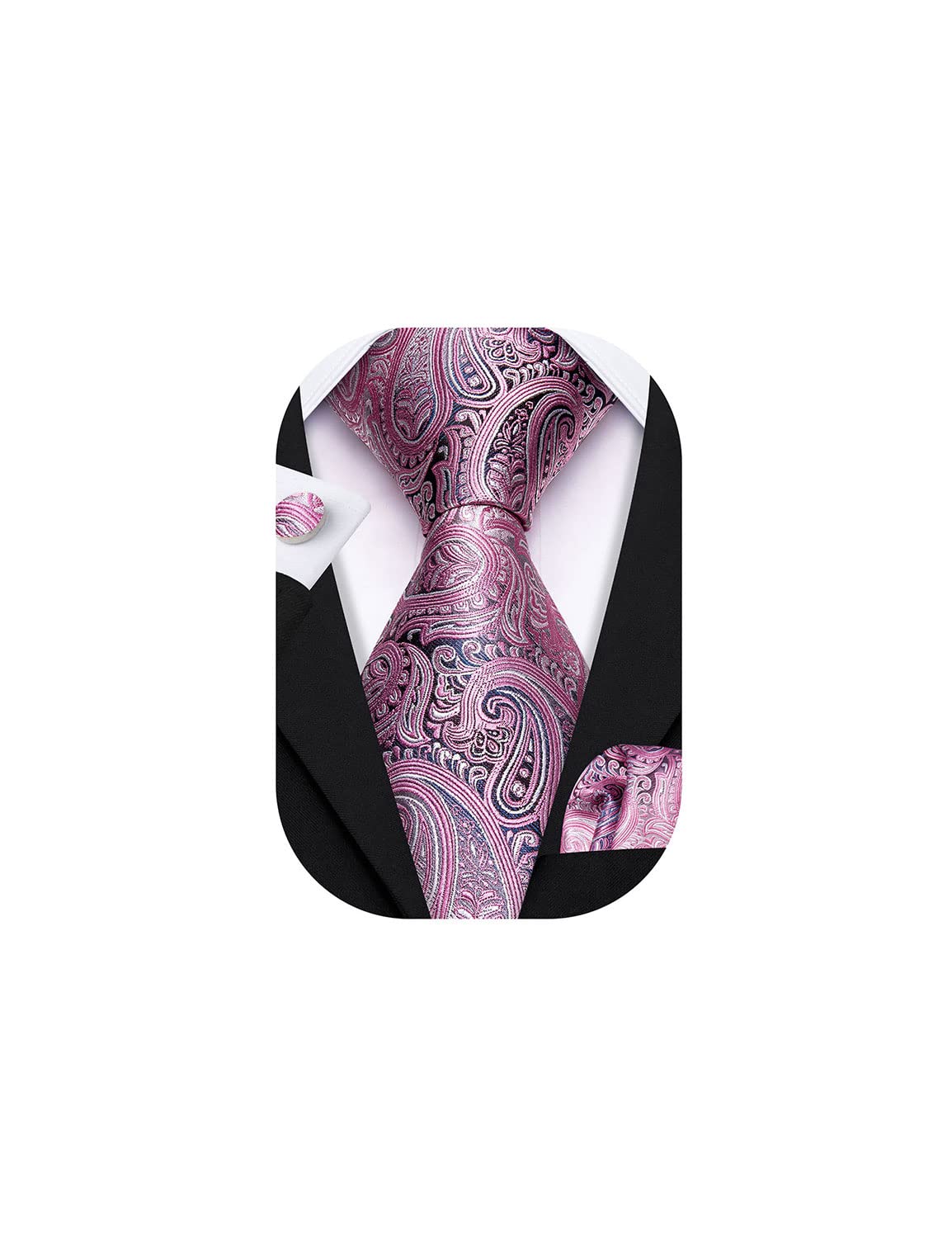 Barry.WangMen Tie Set Paisley Silk Necktie Pocket Square Cufflinks Extra Long Tie