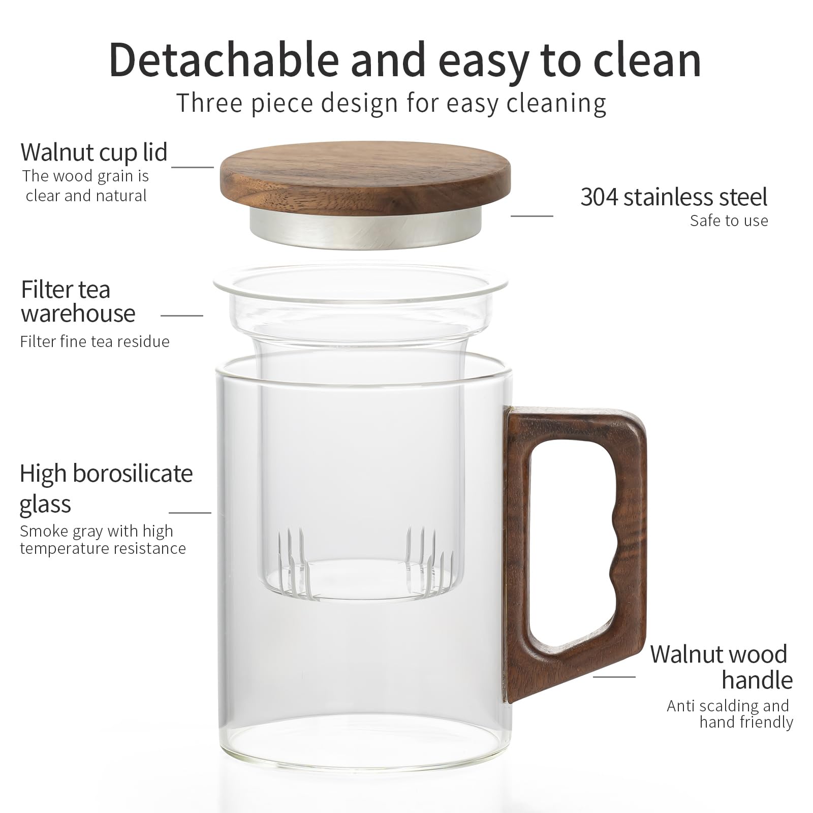 Taza de té de vidrio con infusor y tapa, 400 ml, tazas de té de vidrio de borosilicato para té de hojas sueltas, taza de té con mango de madera, regalo ideal